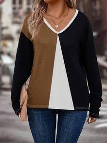 EMERY ROSE Plus Size Casual Colorblock V-Neck T-Shirt, Autumn/Winter - Multicolor - View 4
