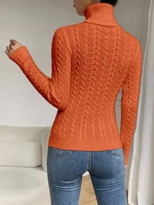 EMERY ROSE Women's Solid Color High Neck Regular Shoulder Long Sleeve Twist Knit Casual Fitted Pullover Sweater - Orange - View 2