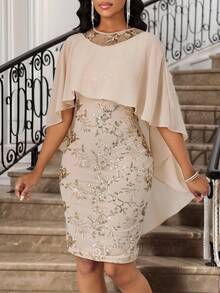 SHEIN Lady Beige,Summer,Elegant,Wedding Sequin Luxury Evening Maxi Dress 2-Piece Set For Women,Plus Size Embroidered Party Solid Color Cape & Christmas Clothes - Khaki - View 4