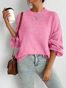 Chiquease Casual French Style Loose Fit Crew Neck Long Sleeve Knit Sweater, Versatile For Autumn/Winter - Hot Pink - View 7
