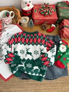 SHEIN Áo len len dài tay cổ tròn họa tiết bông tuyết và nai sừng tấm hoạt hình, dễ thương, thoải mái, thời trang cho bé trai, phong cách sinh viên, giản dị, cơ bản, siêu mềm mại và thoải mái, phù hợp cho bé gái khi trở lại trường vào mùa thu đông. - Nhiều màu - Xem 5