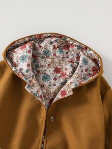 SHEIN Tween Girl' Casual Hooded Jacket, Fashionable Woolen Fabric With Floral Lining, Loose And Comfortable, Suitable For Autumn/Winter Daily, Commuting, Outdoor, Party, And Photo Shoots - Coffee Brown - View 4