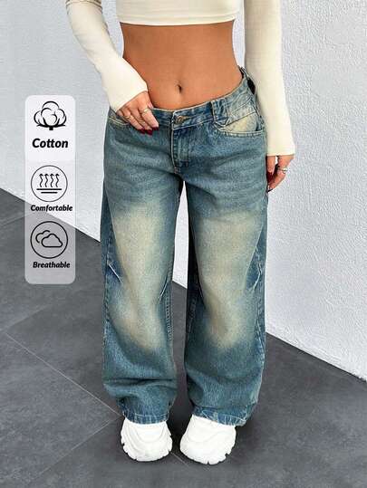 SHEIN PETITE Jeans a vita bassa vintage a zampa d'elefante di taglia petite