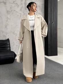 SHEIN EZwear Plus Size Women's Khaki Lapel Long Sleeve Long Windbreaker, Autumn/ Winter