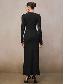 Modelyn Women's Elegant Contrast Lace Slim Fit Long Dress, Spring/Autumn - Black - View 2