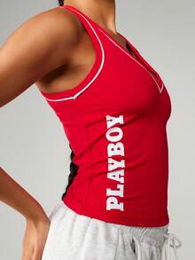 Missguided x Playboy Christmas Athletic Tank Top With White Contrast Piping V Neck Racerback Sports Vest - Red - View 5