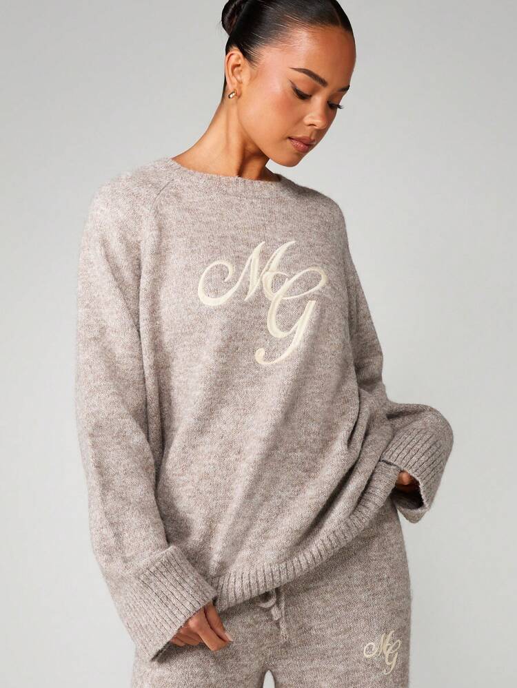 MISSGUIDED Oversized Chunky Knit Sweater With Script Embroidery Crew Neck Long Sleeve Relaxed Fit Pullover For Fall Winter Casual Loungewear
