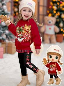 SHEIN Conjunto de sudadera de cuello redondo de manga larga y leggings suaves, gruesos y cómodos con estampado de Papá Noel, renos, lazos y copos de nieve de Happikins, en color rojo burdeos, adecuado para uso diario en otoño/invierno, Navidad, Año Nuevo y estilo callejero - Multicolor - Ver 4