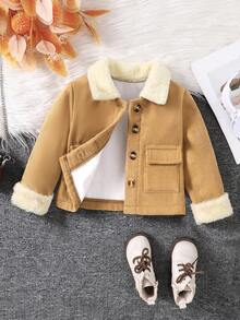 Elladie kids 青少女單排釦扣貼袋博格領襯裡灰色絨面夾克 - 卡其色 - 查看 1