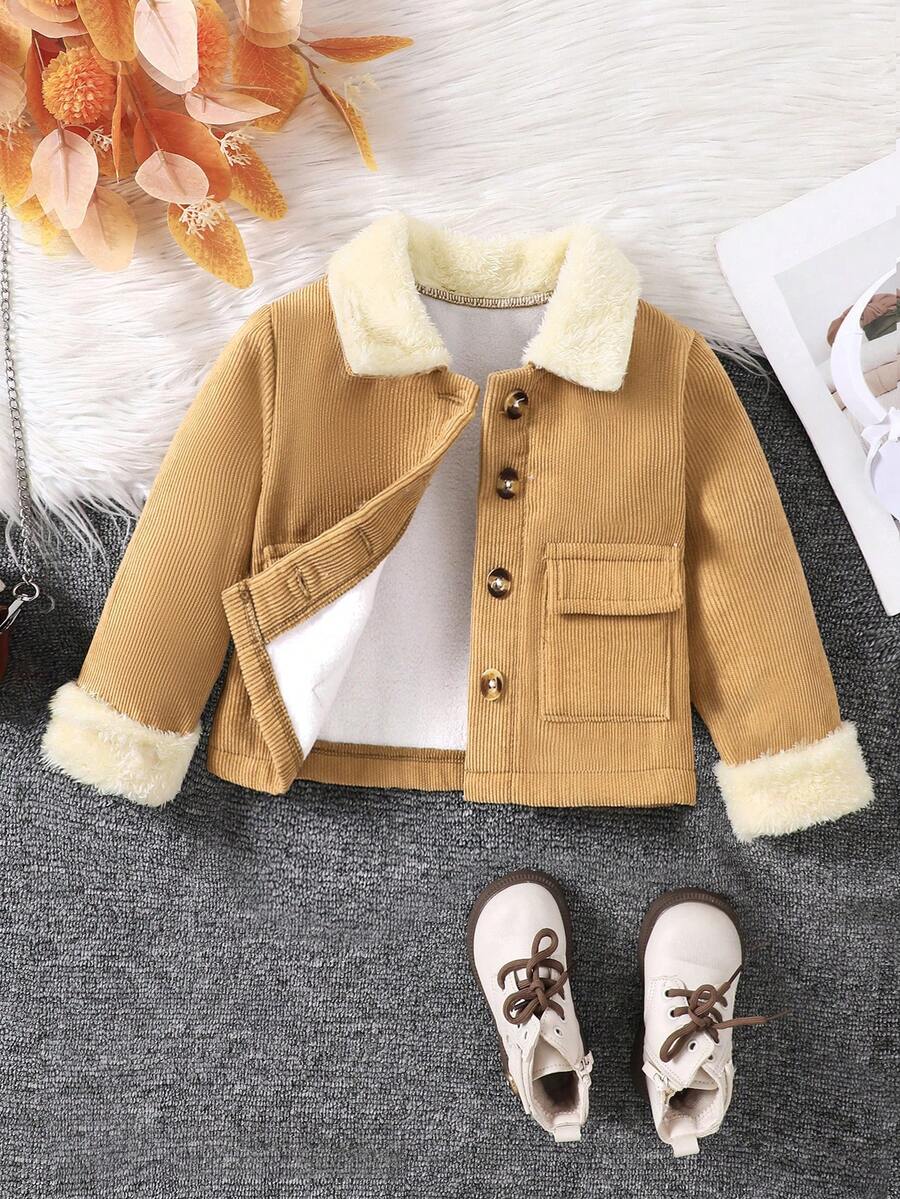 Elladie kids 青少女單排釦扣貼袋博格領襯裡灰色絨面夾克 - 卡其色 - 查看 1