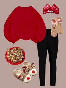 SHEIN Bộ đồ thể thao Happikins màu đỏ tía, họa tiết ông già Noel, tuần lộc hoạt hình dễ thương, nơ xinh xắn và bông tuyết, gồm áo nỉ dài tay cổ tròn và quần legging, thích hợp cho bé gái mặc hàng ngày vào mùa thu/đông, dịp năm mới, phong cách đường phố và các dịp lễ hội. - Nhiều màu - Xem 2