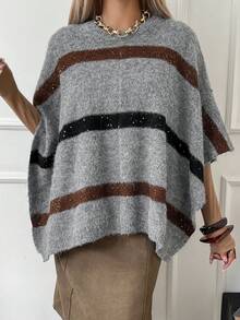 Livesso Poncho de suéter de cuello redondo a rayas para mujer en otoño - Gris - Ver 4