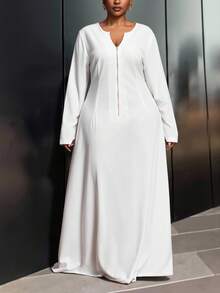 Veslaya 2025 Autumn/Winter New Arrival Elegant & Commute & Party & Date & Casual Outing & Daily Casual & Evening Dress Plus Size A-Line Solid White Long Sleeve V-Neck Front Zipper Semi-Sheer Knit Maxi Dress For Plus Size Women,Elegant Dresses For Women,White Dress For Women,One-Piece Dress Ladies Autumn Winter