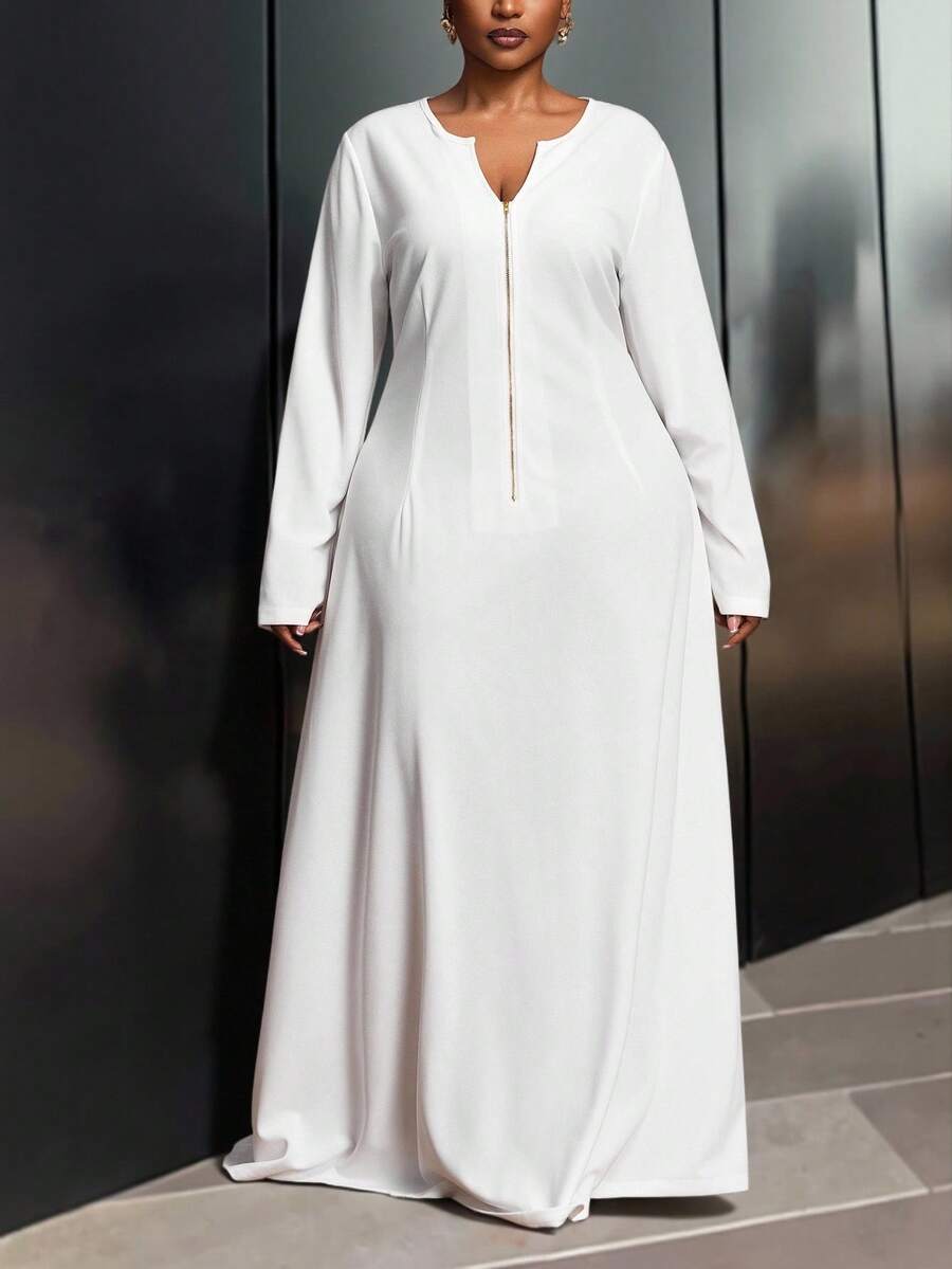 Veslaya 2025 Autumn/Winter New Arrival Elegant & Commute & Party & Date & Casual Outing & Daily Casual & Evening Dress Plus Size A-Line Solid White Long Sleeve V-Neck Front Zipper Semi-Sheer Knit Maxi Dress For Plus Size Women,Elegant Dresses For Women,White Dress For Women,One-Piece Dress Ladies Autumn Winter