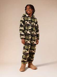 SUMWON Boys Camouflage Fleece Pajama Jumpsuit With Hood And Centre Pocket For Cozy Sleepwear - Multicolor - View 1