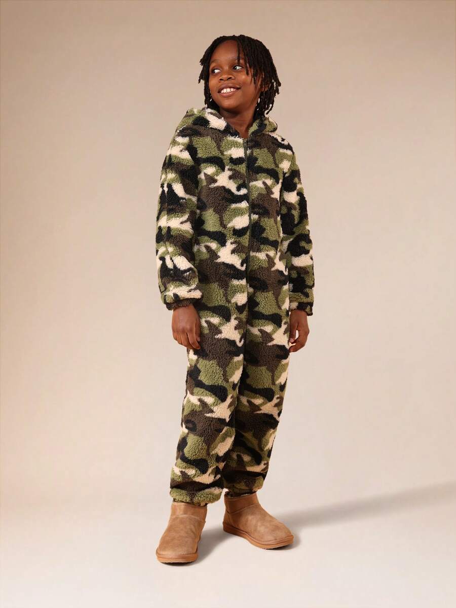 SUMWON Boys Camouflage Fleece Pajama Jumpsuit With Hood And Centre Pocket For Cozy Sleepwear - Multicolor - View 1