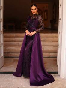 Aureia 优雅、奢华、端庄、茄子紫色、亮片面料、缎面拼接、胸罩杯、鱼尾下摆、拖尾，适合度假、婚礼、单身派对、正式舞会、晚宴礼服 - 紫色 - 查看 5