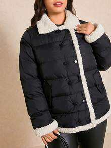 Elaquor Abrigo de felpa negra con parches de piel sintética, estilo urbano chic minimalista y casual para mujer de talla grande en invierno - Negro - Ver 6