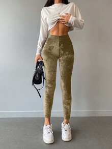 RueChic Solid Elastic Waist Leggings - Brown - View 4