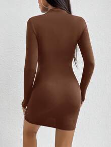 SHEIN PETITE Women Elegant Commuting Solid Bodycon Dress - Brown - View 2