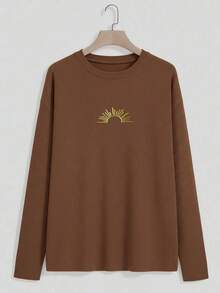 INAWLY Camiseta de manga larga con cuello redondo de pana con estampado de sol, estilo minimalista elegante para mujer. Regalo para amigos