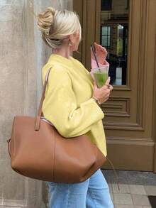 INAWLY Áo len chui đầu dáng rộng cổ tròn tay dài hở vai màu trơn cỡ lớn cho nữ, mùa thu/đông - Màu vàng - Xem 3