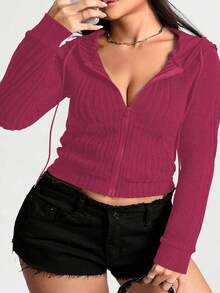 Calvaya Plus Size Casual Solid Color Zip-Up Drawstring Sweatshirt, Autumn - Hot Pink - View 1