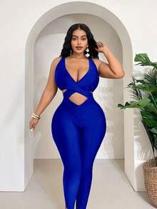 Maweii 大码女式纯色紧身交叉性感连体裤 - 藍色 - 查看 2