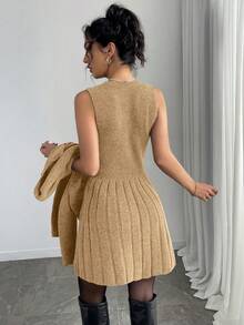 Selianne 2件套女士灰色毛衣裙和开衫套装，秋季 - 卡其色 - 查看 2