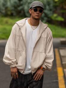 DAZY Men's Solid Color Washed Hoodie Design Black Denim Jacket, Autumn - Light Grey - View 7