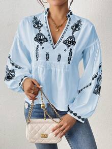 EMERY ROSE 女式褶皱图案印花长袖纽扣衬衫荷叶边上衣 - 藍色 - 查看 4