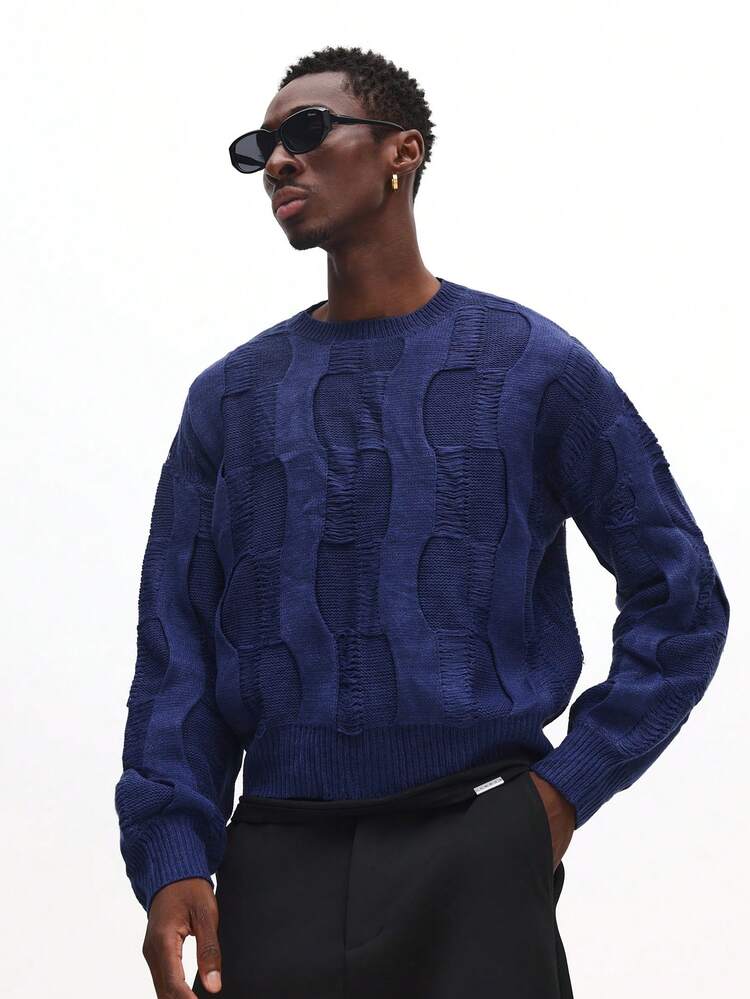 Cable Knit Pullover With Distressed Texture