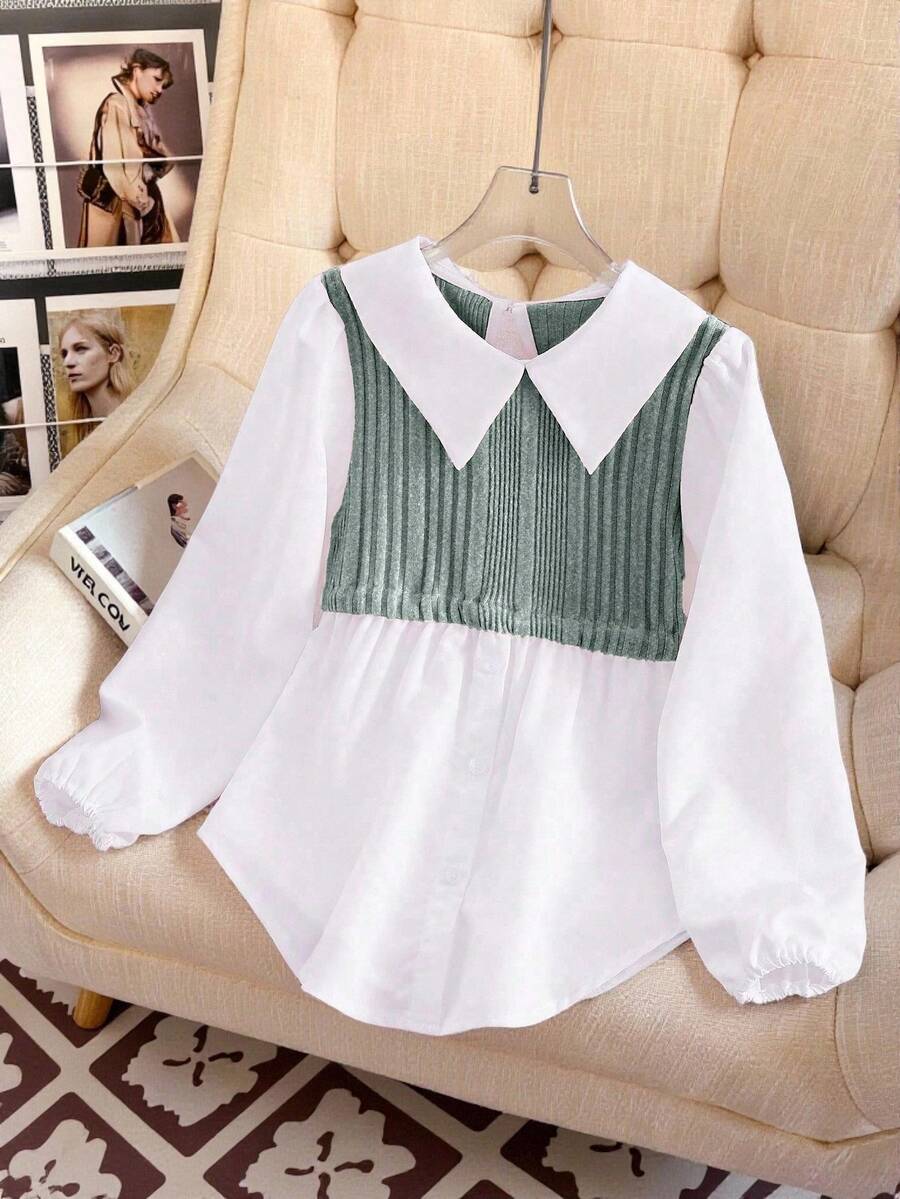 Blusa casual escolar 2 em 1 com bloco de cores e manga comprida e gola Peter Pan para meninas pré-adolescentes - Verde - Ver 1