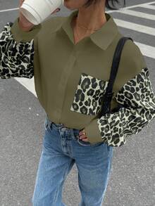 Siren Gaze 女士豹纹拼布长袖休闲衬衫，简约复古风女衬衫，女式衬衫，街头风衬衫，豹纹衬衫 - 軍綠色 - 查看 6