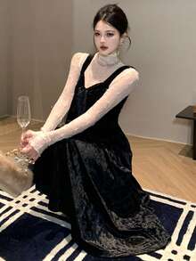 DAZY Fashionable Velvet Jacquard Bow Decor Mid-Length Dress For Women Elegant Women Dresses Prom Dress - Black - View 9