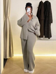 Maweii 大码女式毛衣套装，纯色，浅灰色，深V领纽扣长袖上衣+长裤 - 淺灰色 - 查看 6