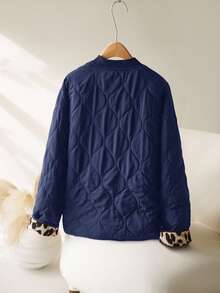 CosyJoli Cappotto imbottito casual di taglia grande con stampa leopardata e colore a contrasto - Blu Navy - Visualizzare 2