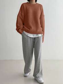 DAZY 女式休闲纯色落肩套头毛衣 - 紫紅色 - 查看 3