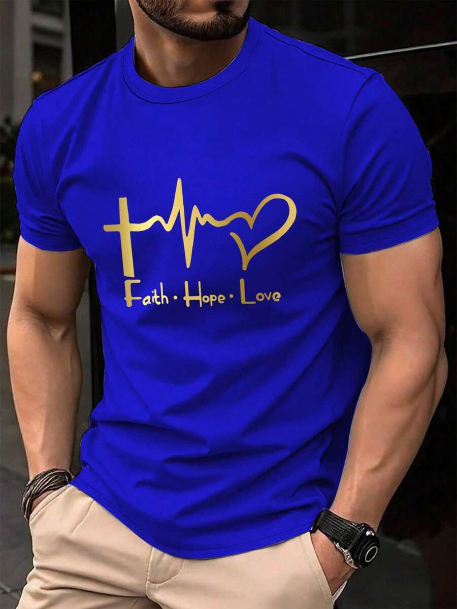 Manfinity Homme Camiseta casual de manga corta y cuello redondo con estampado de letra y corazón para hombre - Azul - Ver 1