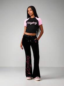 Missguided x Playboy Logo Shirred Crop Top With Contrast Raglan Sleeves And Back Number Print - Multicolor - View 3