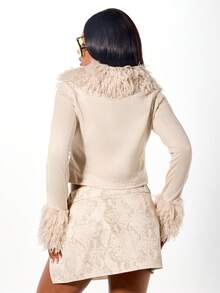 SUMWON WOMEN Cropped Fur Trim Jacket With Zip Closure And Feather Details Winter Outerwear Fashion Statement Piece - Apricot - View 2