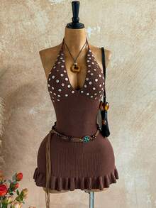 Soleia Váy ngắn cài nút cổ tròn, viền bèo nhún, hở lưng, dáng rộng mới, phù hợp cho kỳ nghỉ ở Ibiza, dễ thương và gợi cảm trên bãi biển, tiệc câu lạc bộ bãi biển, hẹn hò, ngày lễ tình nhân, lễ Phục sinh, lễ hội hóa trang, trà chiều, du ngoạn trên biển, kỳ nghỉ trên phố thành phố, mùa thu/đông, váy dày vừa phải - Cà phê nâu - Xem 1