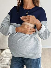 SHEIN Blusa de amamentação casual com estampa de bloco de cores, gola redonda, ombros caídos, manga comprida, forro térmico, outono/inverno - Multicolorido - Ver 2