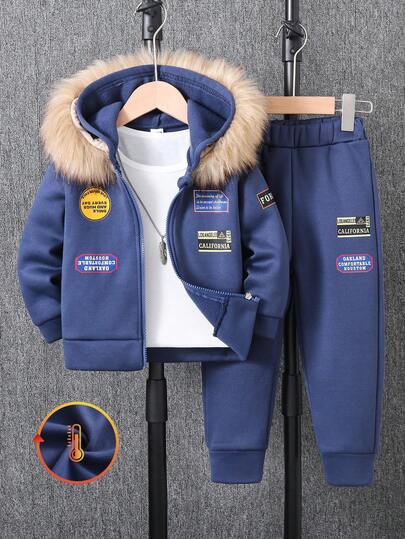 SHEIN 2pcs/Set Young Boy Slogan Print Zip Front Hooded Sweatshirt And Sweatpants Casual Outfit, Autumn/Winter