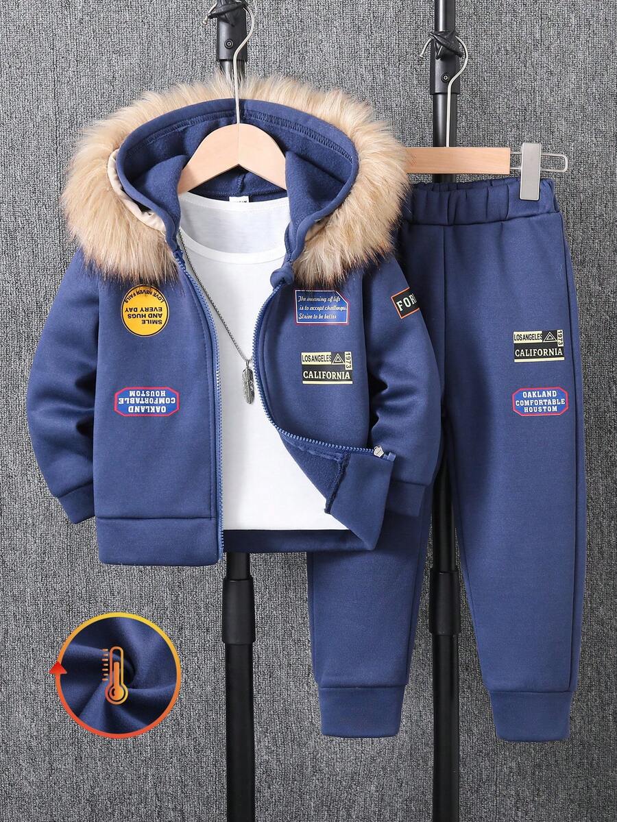 SHEIN 2 件套年轻男孩标语印花拉链连帽运动衫和运动裤休闲装，秋冬 - 藍色 - 查看 1
