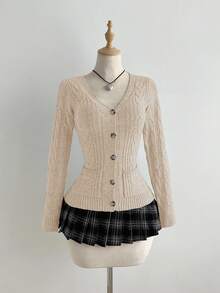 Elamini Áo khoác cardigan dáng ôm màu trơn thời trang dành cho nữ - Màu Khaki - Xem 3