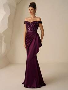 Coutiva Vestido de noche formal de mujer con hombros descubiertos, bajo de cola de pez y parches de lentejuelas elegantes - Rojo violeta - Ver 3