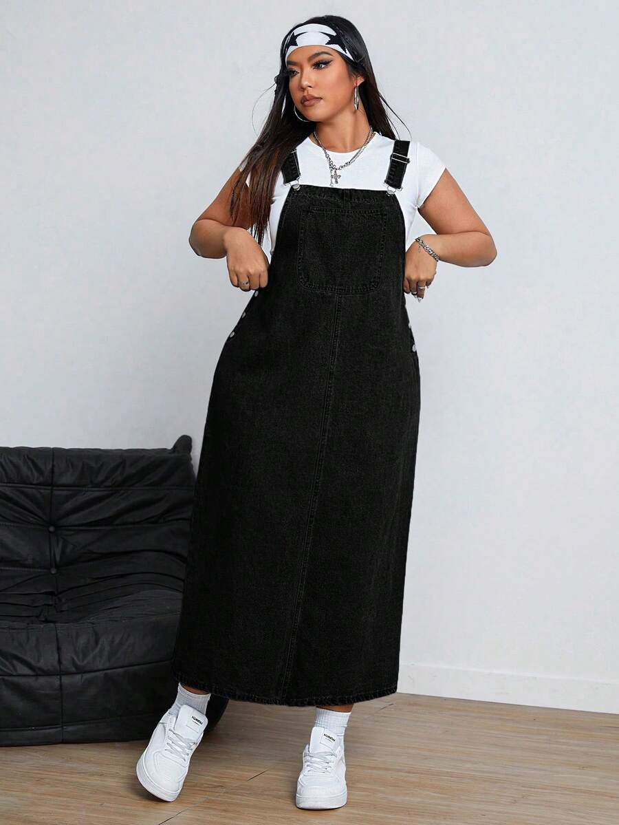 SHEIN CURVE+ 大码女式牛仔风格黑色无弹力休闲时尚背带连衣裙，女士冬季连衣裙 - 黑色 - 查看 1