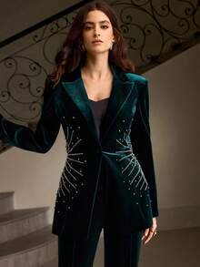 ZEYLAH 天鹅绒刺绣珠饰修身西装外套，秋冬 - 墨綠色 - 查看 5