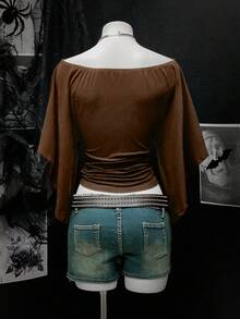 EgrlEra Women's Solid Color Flare Sleeve Off Shoulder Cinched Waist Retro Sexy T-Shirt - Brown - View 2